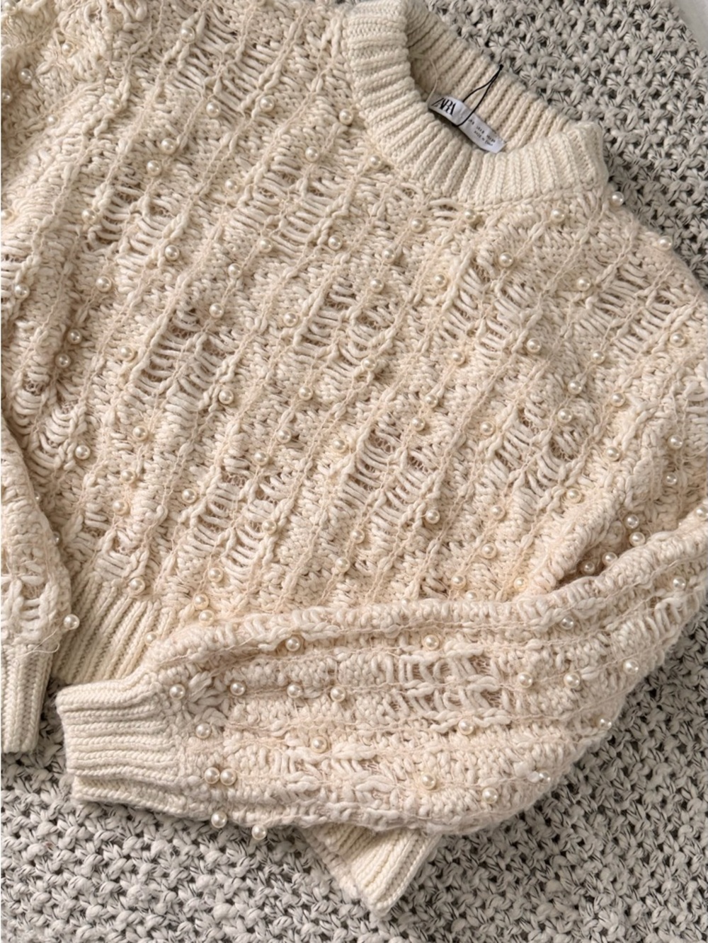 Zara Cream Pearl-Embellished Open-Stitch Crewneck Sweater